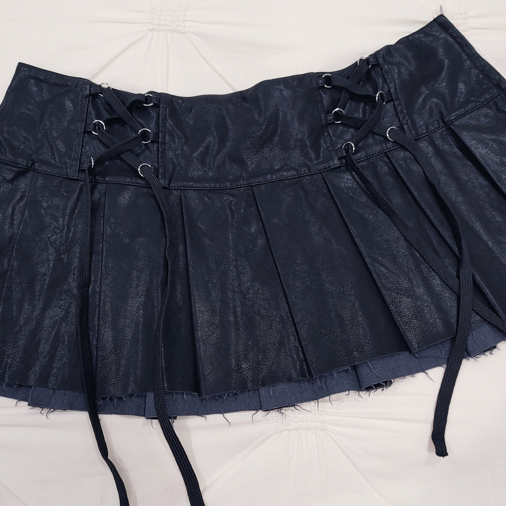 Current Mood faux Black Leather Pleated Skirt with Lace-Up Accents. Size XXL